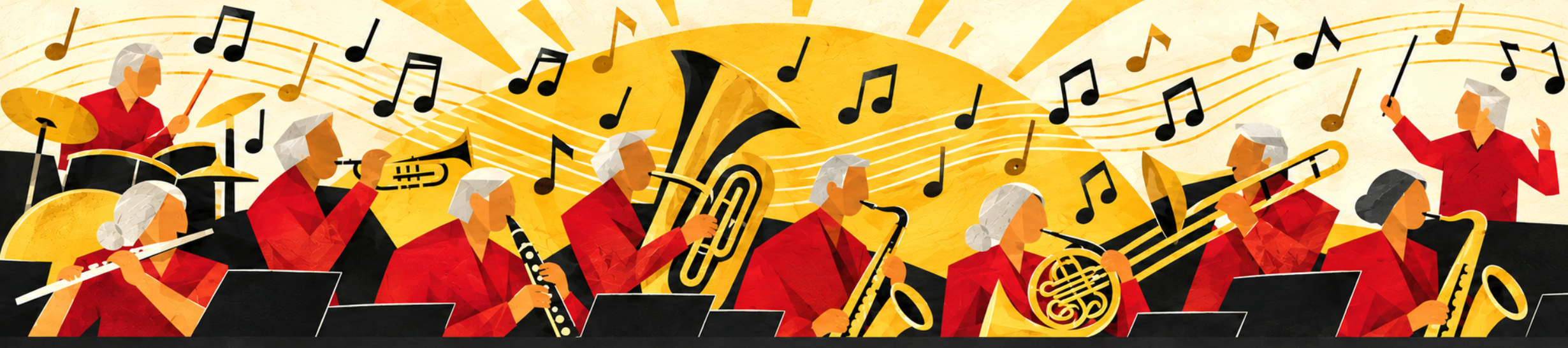 Illustration of the band in red shirts playing brass, woodwinds, and percussion under a golden sun